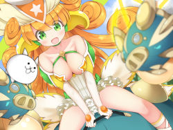 Rule 34 | 1girl, bare shoulders, blush, breasts, breasts squeezed together, cleavage, collarbone, curly hair, gluteal fold, green eyes, highres, kai (nyanko daisensou), large breasts, large hat, long hair, looking at viewer, nyanko daisensou, open mouth, orange hair, skirt, smile, twin-7646, very long hair