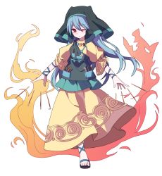 Rule 34 | 1girl, bing zizi, blue hair, blue ribbon, closed mouth, dress, fire, full body, haniyasushin keiki, head scarf, highres, jewelry, long hair, looking at viewer, magatama, magatama necklace, necklace, one eye closed, pocket, puffy sleeves, red eyes, ribbon, sandals, simple background, single strap, solo, standing, tools, touhou, white background, yellow dress