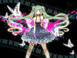 Rule 34 | 1girl, aqua eyes, aqua hair, asymmetrical legwear, bare shoulders, blue eyes, bow, bug, butterfly, butterfly wings, choker, dress, fishnet pantyhose, fishnets, floating hair, gloves, green hair, hatsune miku, heart, insect, insect wings, instrument, keyboard (instrument), large bow, long hair, mismatched legwear, paint splatter, pantyhose, solo, star (symbol), tattoo, twintails, very long hair, vocaloid, wings, yuh