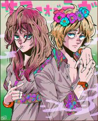 Rule 34 | 1boy, 1girl, ahoge, arm around shoulder, blonde hair, blue eyes, bracelet, brown hair, cigarette, dress shirt, freckles, hairband, head wreath, holding hands, jewelry, kaneoya sachiko, long hair, looking at viewer, matching outfits, mouth hold, original, partially unbuttoned, print shirt, scar, scar on face, shirt, short hair, smoking, stitched face, stitches, upper body, wavy hair