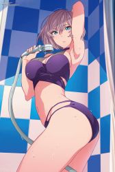 Rule 34 | 1girl, arm up, ass, bikini, blue eyes, curvy, expressionless, gridman universe, highres, large areolae, looking at viewer, mujina, official art, resized, short hair, shower head, silver hair, ssss.dynazenon, standing, swimsuit, upscaled, wet