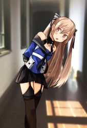 Rule 34 | 1girl, annin musou, arms behind back, bad id, bad twitter id, black skirt, black thighhighs, blue shirt, breasts, cleavage, feet out of frame, garter straps, hallway, highres, johnston (kancolle), kantai collection, leaning to the side, light brown hair, long hair, looking at viewer, medium breasts, off shoulder, open mouth, pleated skirt, sailor collar, school uniform, serafuku, shirt, skirt, solo, standing, thighhighs, twintails, two side up