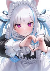 Rule 34 | 1girl, animal ear fluff, animal ears, apron, blue hair, blush, cat ears, closed mouth, hair ribbon, heart, heart hands, highres, leaning forward, lize helesta, lize helesta (9th costume), long sleeves, looking at viewer, maid, maid headdress, multicolored hair, nijisanji, puffy long sleeves, puffy sleeves, purple eyes, ribbon, simple background, smile, solo, suraimu (suraimuraimu), two-tone hair, upper body, virtual youtuber, white apron, white background, white hair