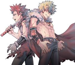 Rule 34 | 2boys, abs, alternate universe, back-to-back, bakugou katsuki, belt, belt buckle, black pants, blonde hair, body markings, boku no hero academia, brown belt, buckle, cape, commentary, cowboy shot, earrings, elbow pads, floating cape, from side, fur-trimmed cape, fur trim, gloves, grey gloves, grin, hand up, head down, holding, holding sword, holding weapon, jewelry, katana, kirishima eijirou, looking to the side, magatama, magatama earrings, male focus, medieval, multicolored hair, multiple boys, multiple earrings, multiple necklaces, necklace, no nipples, no shirt, official alternate costume, pants, parted lips, profile, red cape, red eyes, red hair, ritsuko (rittii), sharp teeth, sideways mouth, simple background, single bare arm, single glove, sleeveless, smile, spiked hair, streaked hair, sword, teeth, toned, toned male, tooth earrings, tooth necklace, torn cape, torn clothes, waist cape, weapon, white background