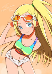 Rule 34 | 1girl, arm behind back, bare arms, bare shoulders, blonde hair, blue eyes, blush, breasts, cleavage, closed mouth, collarbone, colored eyelashes, cowboy shot, eyebrows, eyelashes, eyewear on head, hair ornament, hair tie, hairclip, hand up, io naomichi, legs apart, long hair, looking at viewer, medium breasts, multicolored shirt, naomi sanders, natsuiro high school, navel, one side up, pocket, shirt, short shorts, shorts, smile, solo, standing, star (symbol), stomach, sunglasses, tank top, white shorts
