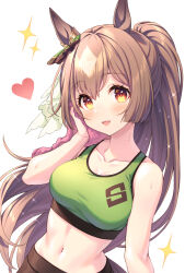 Rule 34 | 1girl, :d, animal ears, bare arms, bare shoulders, blush, breasts, brown hair, cleavage, collarbone, commentary request, hair between eyes, hand up, heart, highres, holding, holding towel, horse ears, long hair, looking at viewer, medium breasts, multicolored hair, navel, open mouth, red eyes, satono diamond (umamusume), simple background, smile, solo, sparkle, tomo (tmtm mf mf), towel, two-tone hair, umamusume, upper body, very long hair, white background, white hair