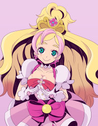 Rule 34 | 1girl, aqua eyes, bad id, bad pixiv id, blonde hair, blush, bow, breasts, choker, cleavage, cure flora, earrings, gloves, go! princess precure, haruno haruka, highres, jewelry, large breasts, long hair, looking at viewer, magical girl, minakaya, multicolored hair, pink background, pink bow, pink hair, precure, simple background, smile, solo, two-tone hair, waist bow, white gloves