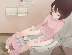 Rule 34 | 1girl, artist request, barefoot, bathroom, blush, breasts, brown hair, censored, clothes pull, closed eyes, from above, hands on own legs, highres, long sleeves, open mouth, pajamas, panties, pants, pants pull, panty pull, peeing, pink pants, pink shirt, puddle, pussy, shirt, short hair, sitting, small breasts, tears, toilet, toilet paper, toilet use, underwear, wall, wet, wet clothes, wet panties, white panties