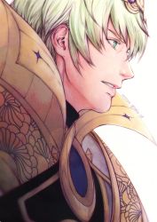 Rule 34 | artist name, byleth (fire emblem), byleth (male) (fire emblem), collar, enlightened byleth (male), eyebrows, fire emblem, fire emblem: three houses, green eyes, green hair, hair ornament, looking ahead, nintendo, serious, short hair, solo, white background