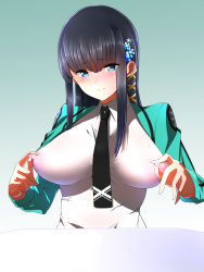 Rule 34 | 10s, 1girl, black hair, black necktie, blue eyes, blush, breasts, covered erect nipples, hair ornament, highres, huge breasts, impossible clothes, impossible shirt, long hair, mahouka koukou no rettousei, necktie, nipple stimulation, nipple tweak, nipples, pointy breasts, school uniform, see-through, shiba miyuki, shirt, shumichi, smile, solo