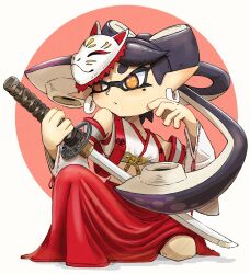 Rule 34 | 1girl, black hair, bow-shaped hair, callie (splatoon), closed mouth, commentary request, earrings, fox mask, full body, highres, holding, holding sword, holding weapon, hoop earrings, inkling, japanese clothes, jewelry, long hair, mask, mole, mole under eye, nintendo, on one knee, orange eyes, pointy ears, red background, solo, splatoon (series), splatoon 1, star-shaped pupils, star (symbol), sword, symbol-shaped pupils, tara sli, tentacle hair, two-tone background, unworn mask, weapon, white background