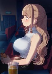 Rule 34 | 1girl, alcohol, beer, beer cup, blonde hair, breasts, brown hair, crying, drink, highres, large breasts, long hair, looking away, movie theater, own hands clasped, sad, sakura yuki (clochette), shirt, sitting, sleeveless, sleeveless sweater, solo, sweater, taut clothes, taut shirt, turtleneck, turtleneck sweater, upset, yellow eyes