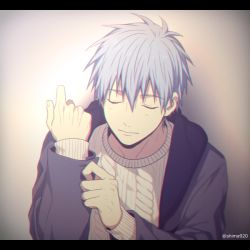 Rule 34 | 1boy, blue hair, blurry, cardigan, casual, closed eyes, closed mouth, coat, commentary request, depth of field, gradient background, grey background, grey coat, hair between eyes, hand up, kuroko no basuke, kuroko tetsuya, letterboxed, long sleeves, male focus, mashima shima, open clothes, open coat, short hair, simple background, solo, twitter username, upper body, white cardigan