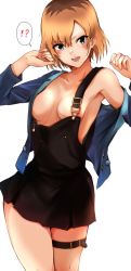 Rule 34 | arms up, black overalls, blue jacket, blush, breasts, breasts apart, brown hair, commentary request, cowboy shot, jacket, medium breasts, miyamori aoi, no bra, overall skirt, overalls, parted lips, pleated skirt, shirobako, simple background, skirt, solo, tahita1874, white background