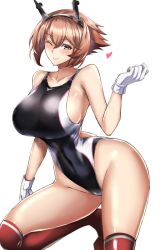 Rule 34 | 1girl, blush, breasts, brown hair, closed mouth, collarbone, competition swimsuit, covered navel, full body, gloves, green eyes, hair between eyes, headgear, heart, kantai collection, kneehighs, kumakichi (cost-lost), large breasts, looking at viewer, mutsu (kancolle), one-piece swimsuit, one eye closed, red socks, short hair, sideboob, simple background, smile, socks, solo, squatting, swimsuit, white background, white gloves, wide hips