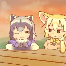 Rule 34 | 10s, 2girls, :3, animal ears, bad id, bad twitter id, black gloves, black neckwear, blonde hair, bow, bowtie, breast pocket, brown eyes, colo (frypan soul) (style), common raccoon (kemono friends), dated, evening, fennec (kemono friends), fox ears, fur collar, fur trim, gloves, grey hair, head rest, jitome, kemono friends, lens flare, looking at another, multicolored hair, multiple girls, one eye closed, outdoors, pink sweater, pocket, raccoon ears, rinya (makaroni-rinya), short-sleeved sweater, short-sleeved sweater, short sleeves, sky, sparkle, sweater, tears, twitter username, upper body, white gloves, yellow neckwear