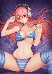 Rule 34 | 1girl, bad id, bad pixiv id, bikini, blush, breasts, cleavage, headphones, highres, large breasts, long hair, magion02, navel, nitroplus, parted lips, pink eyes, pink hair, shiny skin, signature, skindentation, socks, solo, strap lift, striped bikini, striped clothes, striped socks, striped thighhighs, super sonico, sweat, swimsuit, thighhighs, thighs