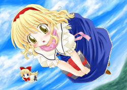 Rule 34 | 1girl, alice margatroid, blonde hair, blue eyes, blush, book, bow, female focus, flying, hair bow, hairband, looking at viewer, shanghai doll, solo, touhou, yellow eyes