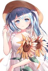 Rule 34 | 1girl, artist name, azit (down), blue eyes, blue hair, blush, collarbone, dress, flower, hat, hatsune miku, long hair, looking at viewer, solo, sun hat, sundress, sunflower, twintails, upper body, vocaloid, white background, white dress