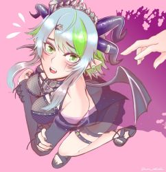 Rule 34 | 1girl, aqua eyes, aqua hair, artist request, bat wings, breasts, apricot the lich, cleavage, cleavage cutout, clothing cutout, highres, horns, jewelry, lich, medium breasts, nail polish, pointy ears, skirt, solo, virtual youtuber, vshojo, wings