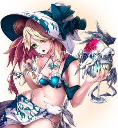 Rule 34 | 1girl, aqua nails, bad id, bad twitter id, bikini, blonde hair, bow, breasts, cherry, choker, cleavage, cup, drinking glass, eating, food, fruit, glass, gradient background, green eyes, hair bun, hat, hat bow, highres, holding, holding spoon, ice cream, jewelry, lipstick, long hair, looking at viewer, makeup, medium breasts, mole, mole under eye, multicolored hair, nail polish, navel, open mouth, original, pendant, print headwear, print skirt, red hair, side-tie bikini bottom, side-tie skirt, single hair bun, skirt, solo, soya (torga), spoon, sweets, swept bangs, swimsuit, white hat, wings