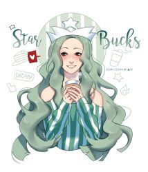 Rule 34 | 1girl, coffee, copyright name, cropped torso, crown, detached sleeves, green hair, heart, highres, image sample, long hair, ozumii, personification, shirt, simple background, smile, spoken heart, starbucks, starbucks siren, striped clothes, striped shirt, very long hair, white background