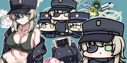 Rule 34 | 3girls, :&lt;, :3, armband, bare shoulders, belt, black belt, black hat, black jacket, blue archive, blue background, blue hat, blue jacket, blush, blush stickers, bra, breasts, brown hair, buttons, censored, chibi, closed mouth, commentary request, doodle sensei (blue archive), double-breasted, eyepatch, green bra, green eyes, green hair, green halo, green panties, hair between eyes, halo, hat, hikari (blue archive), identity censor, jacket, jazz jack, kepi, large breasts, looking at viewer, mecha, medium hair, might gaine, military hat, multiple girls, navel, nozomi (blue archive), off shoulder, one eye covered, open clothes, open jacket, open mouth, panties, robot, sensei (blue archive), side-by-side, smile, suou (blue archive), super robot, train conductor, underwear, yellow eyes, yuusha series, yuusha tokkyuu might gaine