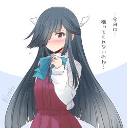 Rule 34 | 1girl, black hair, blue neckwear, brown eyes, commentary request, dress, hair over one eye, hair ribbon, halterneck, hayashimo (kancolle), kantai collection, long hair, long sleeves, looking at viewer, one-hour drawing challenge, pleated dress, ribbon, school uniform, shirt, shizuna kaede, solo, translation request, twitter username, two-tone background, very long hair, white ribbon, white shirt
