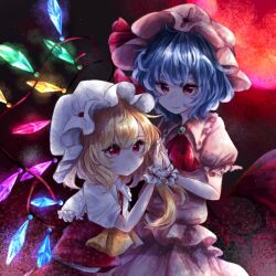 Rule 34 | 2girls, aqua brooch, ascot, bat wings, blonde hair, blue hair, brooch, collared shirt, cowboy shot, crystal, flandre scarlet, frilled shirt, frilled shirt collar, frilled sleeves, frills, glowing, glowing wings, hat, hat ribbon, holding hands, interlocked fingers, jewelry, kuromame1025, looking at another, medium hair, mob cap, moon, multicolored wings, multiple girls, pink headwear, pink shirt, pink skirt, puffy short sleeves, puffy sleeves, red ascot, red eyes, red moon, red ribbon, red skirt, red vest, remilia scarlet, ribbon, ribbon-trimmed headwear, ribbon trim, shirt, short sleeves, siblings, sisters, skirt, touhou, vest, white headwear, white shirt, wings, yellow ascot