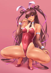 Rule 34 | 1girl, animal ears, artist request, ass, bare legs, blush, breasts, brown gloves, brown hair, brown neckwear, cameltoe, cleavage, covered navel, curvy, detached collar, elbow gloves, fake animal ears, gloves, hair between eyes, hair ribbon, hairband, highleg, highleg leotard, highres, huge ass, leotard, long hair, looking at viewer, mizuki yukikaze, one-piece tan, open mouth, partially visible vulva, pink background, pink ribbon, playboy bunny, purple eyes, rabbit ears, rabbit tail, red hairband, red leotard, ribbon, shiny skin, small breasts, smile, solo, spread legs, squatting, sweat, tail, taimanin (series), taimanin yukikaze, tan, tanline, thong leotard, very long hair, wide hips