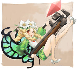 Rule 34 | 1girl, blonde hair, bow (weapon), braid, butterfly wings, crossbow, daffodil, fairy, flower, hair flower, hair ornament, high heels, insect wings, mercedes (odin sphere), odin sphere, pointy ears, pota (nabrinko), puff and slash sleeves, puffy shorts, puffy sleeves, red eyes, shorts, solo, tri braids, tri tails, twin braids, weapon, white footwear, wings