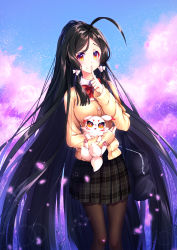 Rule 34 | 1girl, ahoge, ara haan, bag, black hair, black pantyhose, black skirt, bow, bowtie, braid, cherry blossoms, closed mouth, contemporary, cowboy shot, creature, elsword, eyeshadow, finger to mouth, french braid, highres, long hair, makeup, orange eyes, pantyhose, petals, plaid, plaid skirt, pleated skirt, red bow, school uniform, shushing, skirt, smile, solo, sweater, very long hair, yellow sweater, yun (outsidey)