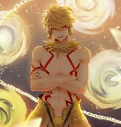 Rule 34 | 1boy, abs, armor, blonde hair, chain, commentary request, crossed arms, earrings, enkidu (weapon) (fate), fate/stay night, fate (series), gate of babylon (fate), gilgamesh (fate), highres, jewelry, lock, lock earrings, looking at viewer, male focus, necklace, open mouth, plackart, red eyes, saihate (d3), solo, tattoo, toned, toned male, topless male