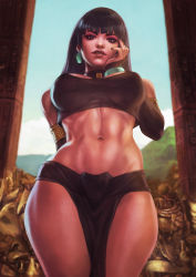 Rule 34 | 1girl, abs, absurdres, adapted costume, arm behind back, armlet, black gloves, black hair, black nails, blurry, blurry background, breasts, bridal gauntlets, brown eyes, brown lips, chel (the road to el dorado), commentary, contrapposto, dark-skinned female, dark skin, day, elbow gloves, english commentary, from below, gloves, hand on own cheek, hand on own face, highres, large breasts, lips, looking at viewer, makeup, mascara, medium hair, monori rogue, mountainous horizon, nail polish, navel, pelvic curtain, solo, straight hair, the road to el dorado, thick eyebrows, thighs, toned, very dark skin