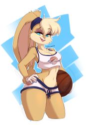 Rule 34 | 1girl, absurdres, animal nose, artist name, ball, bare shoulders, basketball, basketball (object), blonde hair, blue background, blue eyes, body fur, breasts, brown fur, buck teeth, cleavage, clothes writing, collarbone, cowboy shot, crop top, cropped legs, english text, eyeshadow, female focus, furry, furry female, hair between eyes, hair tie, half-closed eyes, hand on own hip, happy, highres, holding, holding ball, lola bunny, long ears, looking at viewer, makeup, medium breasts, midriff, navel, open mouth, outline, purple eyeshadow, rabbit ears, rabbit girl, rabbit tail, shirt, short hair, short shorts, shorts, signature, simple background, sleeveless, sleeveless shirt, smile, solo, space jam, standing, stomach, teeth, teranen, thick thighs, thighs, two-tone background, two-tone fur, white background, white outline, white shirt, white shorts, wide hips, yellow fur