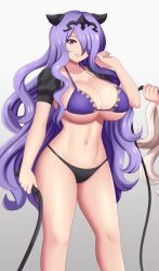 Rule 34 | 1girl, bikini, camilla (fire emblem), fire emblem, hair over one eye, highres, legs, long hair, looking at viewer, navel, nintendo, parted lips, purple eyes, purple hair, smile, swimsuit, thighs, whip