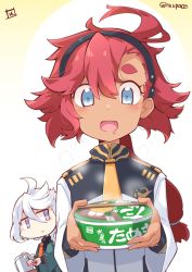 Rule 34 | 2girls, :d, black hairband, blue eyes, chopsticks, commentary request, cup ramen, drooling, green shirt, gundam, gundam suisei no majo, hair between eyes, hairband, holding, instant soba, long sleeves, maruchan midori no tanuki tensoba, miorine rembran, mouth drool, multiple girls, necktie, open mouth, orange necktie, red hair, reku, shirt, short eyebrows, smile, solo focus, suletta mercury, thick eyebrows, twitter username, two-tone background, white background, white hair, white shirt, wide sleeves, yellow background, yellow necktie
