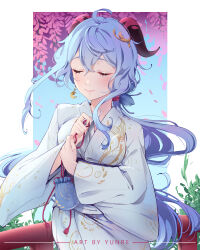 1girl absurdres ahoge alternate_costume artist_name bag blue_bag blue_hair blush breasts chinese_commentary closed_eyes closed_mouth commentary falling_petals fingernails ganyu_(genshin_impact) genshin_impact goat_horns hair_between_eyes highres holding holding_bag horns japanese_clothes kimono kinchaku light_blue_hair light_smile long_hair medium_breasts nail_polish petals pink_nails pouch solo upper_body very_long_hair white_kimono yunre_(yunreart)