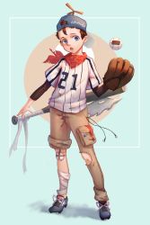 Rule 34 | 1boy, :o, bandaged leg, bandages, baseball bat, baseball glove, baseball jersey, blue background, blue eyes, blue hat, brown hair, brown pants, chaiko1030, child, cleats, earbuds, earphones, freckles, hat, highres, jersey, looking at viewer, male focus, original, pants, poke ball, poke ball (basic), pouch, standing, timer ball, torn clothes, torn pants