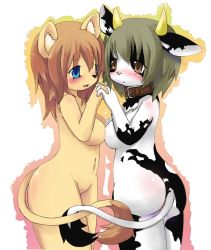 Rule 34 | 2girls, animal ears, ass, blush, breasts, furry, horns, large breasts, multiple girls, pussy, smile, tail