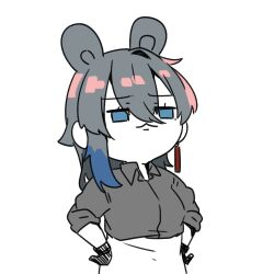Rule 34 | 1girl, animal ears, asymmetrical bangs, blue archive, blue eyes, chinese commentary, commentary request, female sensei (blue archive), gloves, grey hair, grey shirt, hands on own hips, highres, mole, mole under eye, mouse ears, red hair, sensei (blue archive), shirt, smug, solo, tsukuba 0623, white background