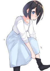 Rule 34 | 1girl, black hair, black thighhighs, blue eyes, blue skirt, blush, closed mouth, collarbone, commentary request, dressing, hair between eyes, highres, looking away, looking down, no shoes, original, shirt, short hair, short sleeves, simple background, skirt, solo, standing, standing on one leg, suspender skirt, suspenders, suzunari shizuku, thighhighs, white background, white shirt, yuki arare