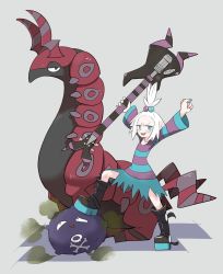 Rule 34 | 1girl, bass guitar, blue eyes, boots, cheering, creatures (company), dress, forehead, freckles, game freak, gen 1 pokemon, gen 5 pokemon, gym leader, hair bobbles, hair ornament, highres, instrument, koffing, looking at viewer, nintendo, pokemon, pokemon (creature), pokemon bw2, roxie (pokemon), scolipede, smile, striped clothes, striped dress, tirarizun, white hair