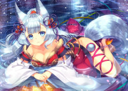 Rule 34 | 10s, 1girl, animal ears, anklet, barefoot, blue eyes, blush, breasts, capura lin, cleavage, detached sleeves, erune, hand fan, female focus, folding fan, granblue fantasy, hair ribbon, jewelry, large breasts, long hair, looking at viewer, ponytail, revision, ribbon, silver hair, societte (granblue fantasy), solo, tail, very long hair, water, wolf ears, wolf tail