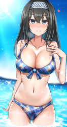 Rule 34 | 1girl, absurdres, arm at side, bare shoulders, bikini, black hair, blue bikini, blue eyes, blue sky, blush, breasts, cleavage, closed mouth, collarbone, commentary request, cowboy shot, day, front-tie bikini top, front-tie top, gluteal fold, hairband, hand on own chest, heart, highres, horizon, idolmaster, idolmaster cinderella girls, large breasts, long hair, looking at viewer, mabanna, navel, nose blush, ocean, outdoors, plaid, plaid bikini, sagisawa fumika, skindentation, sky, smile, solo, stomach, swimsuit, two-tone hairband, wading, water, wet