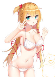 Rule 34 | 1girl, akai haato, bare shoulders, bikini, blonde hair, blue eyes, blush, breasts, cleavage, collarbone, commentary request, hair ornament, hair ribbon, heart, heart hair ornament, hololive, large breasts, long hair, looking at viewer, navel, one side up, open mouth, pig print, red ribbon, ribbon, simple background, smile, solo, swimsuit, very long hair, virtual youtuber, white background, white bikini, zhiyou ruozhe
