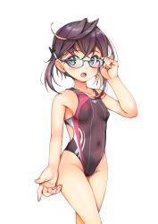 Rule 34 | 1girl, absurdres, adjusting eyewear, alternate costume, aqua-framed eyewear, aqua bow, aqua bowtie, black hair, bow, bowtie, breasts, brown hair, brown one-piece swimsuit, competition swimsuit, covered navel, cowboy shot, glasses, green eyes, hair between eyes, highleg, highleg swimsuit, highres, kantai collection, multicolored clothes, multicolored hair, multicolored swimsuit, okinami (kancolle), one-piece swimsuit, open mouth, pink hair, purple one-piece swimsuit, short hair, simple background, small breasts, smile, solo, swimsuit, white background, yashin (yasinz)