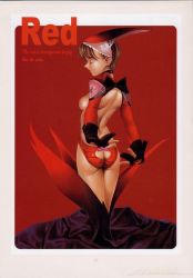 Rule 34 | 1girl, ass, back, boots, bow, bowtie, breasts, brown hair, closed eyes, gloves, medium breasts, nipples, profile, red theme, short hair, skin tight, solo, topless, yasumori zen