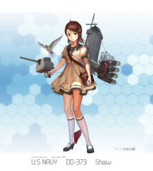 Rule 34 | 10s, 1girl, bird, brown hair, character name, dove, green eyes, hair ornament, hairclip, highres, holding, jeanex, kantai collection, looking at viewer, machinery, original, pacific (kancolle), personification, school uniform, serafuku, short hair, smile, translation request, turret, uss shaw (dd-373)