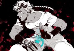 Rule 34 | 1boy, bubble, caesar anthonio zeppeli, facial mark, fingerless gloves, gloves, glowing, glowing eyes, headband, hydrokinesis, jojo no kimyou na bouken, male focus, partially colored, red eyes, s gentian, shirt, solo, t-shirt, water